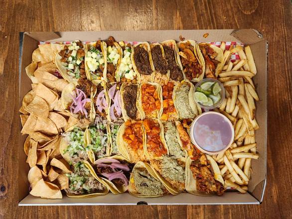 28 Tacos, Nachos, Fries and 4 drinks.